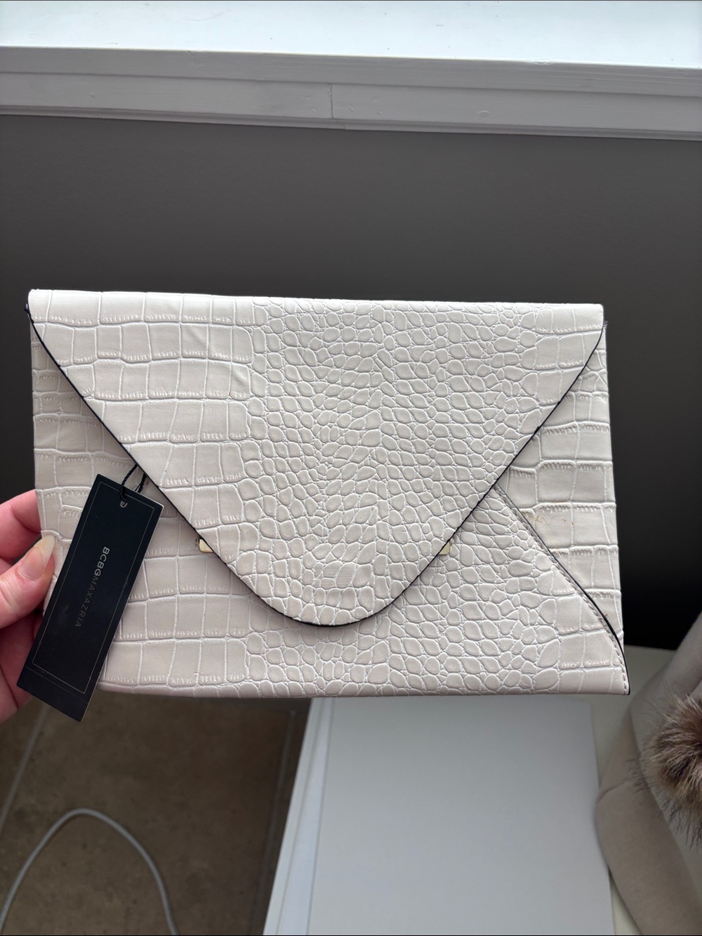 BCBG Croc-Embossed Cream Envelope Clutch